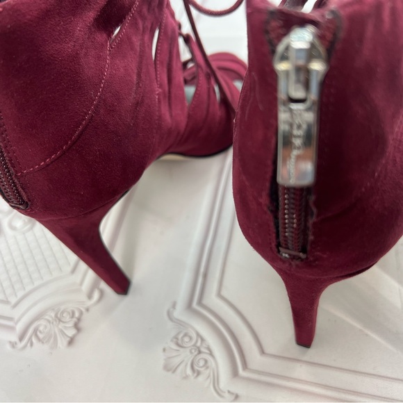 BCBGeneration Laced Up Tie Open Toe Burgundy Faux Suede Stiletto Bootie Boots 8 - Picture 13 of 16